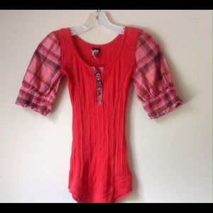 Free People Orange Shirt Plaid Stars Top Shirt
